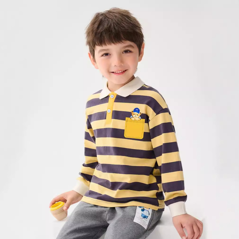 Classic Teddy polo majica s dugim rukavima u prugama, pamukasto-mješavina, za proljeće i jesen, za djecu stariju od 8 godina (iznad 140 cm)