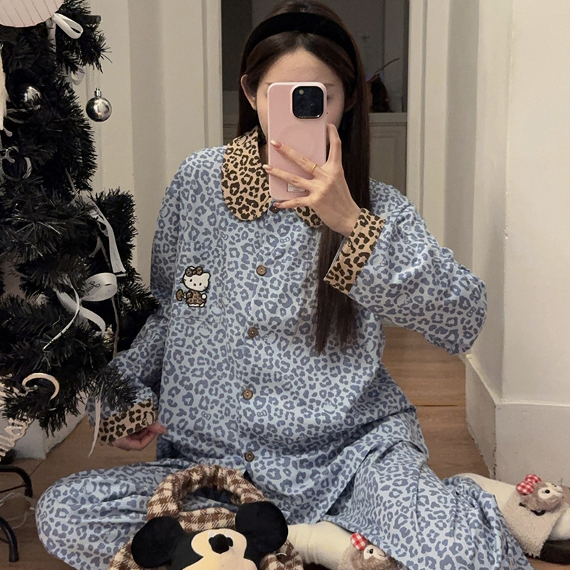 Ženski pamuk pidžama set s leopard uzorkom, dugi rukavi, kardigan-top i hlače, udobna kućna odjeća za proljeće i jesen.