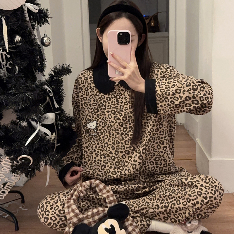 Ženski pamuk pidžama set s leopard uzorkom, dugi rukavi, kardigan-top i hlače, udobna kućna odjeća za proljeće i jesen.