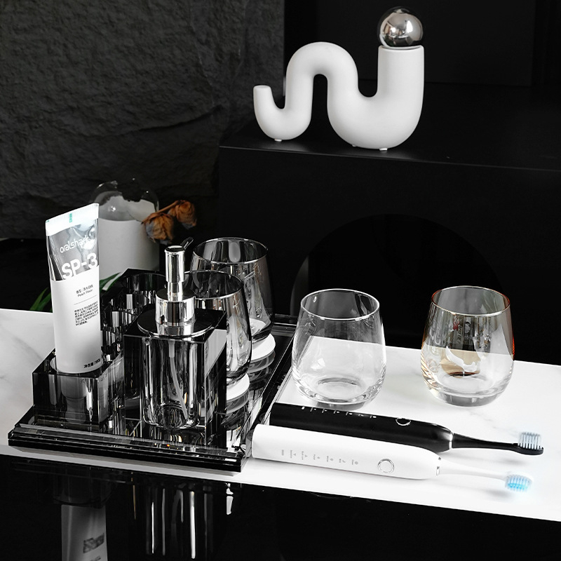 Σετ αξεσουάρ μπάνιου από κρύσταλλο γυαλί, στυλ ελαφριάς πολυτέλειας, Microonica, περιλαμβάνει θήκη οδοντόβουρτσας, δίσκο, κουτί για βαμβάκι, βάζο οδοντικής νήματος, ποτήρι για στοματικό διάλυμα