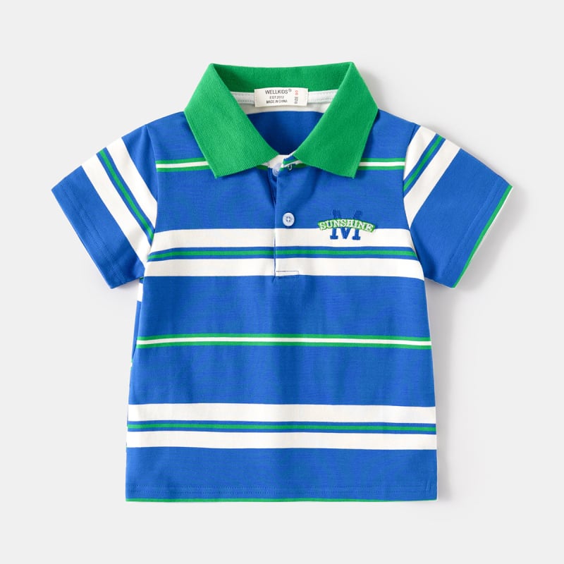 Polo majica za dječake, korejskog stila, prugasta pamuk s izvezenim detaljima, kratki rukavi, uzrast 3–8 godina.