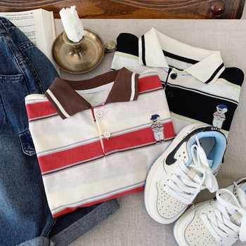 Dječji polo majica, korejski stil, prugasti uzorak, pamuk tkanina, jesen