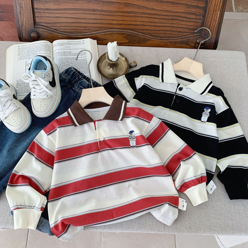Dječji polo majica, korejski stil, prugasti uzorak, pamuk tkanina, jesen