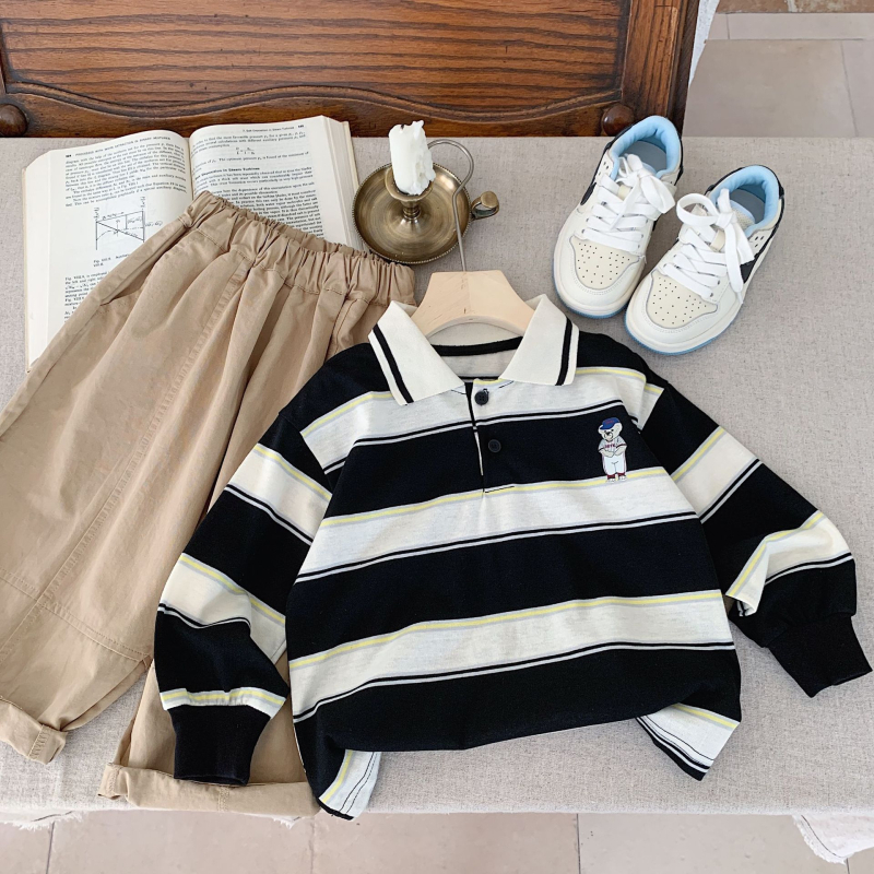 Dječji polo majica, korejski stil, prugasti uzorak, pamuk tkanina, jesen