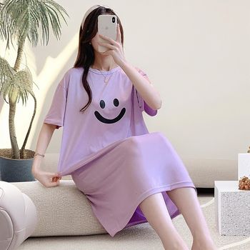 Дишаща късръкавна нощница за жени, кръгло деколте, свободен силует, средна дължина, подходяща за домашно облекло и носене навън