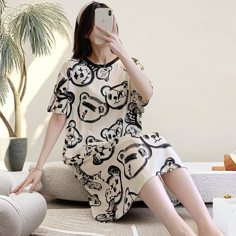 Дишаща късръкавна нощница за жени, кръгло деколте, свободен силует, средна дължина, подходяща за домашно облекло и носене навън