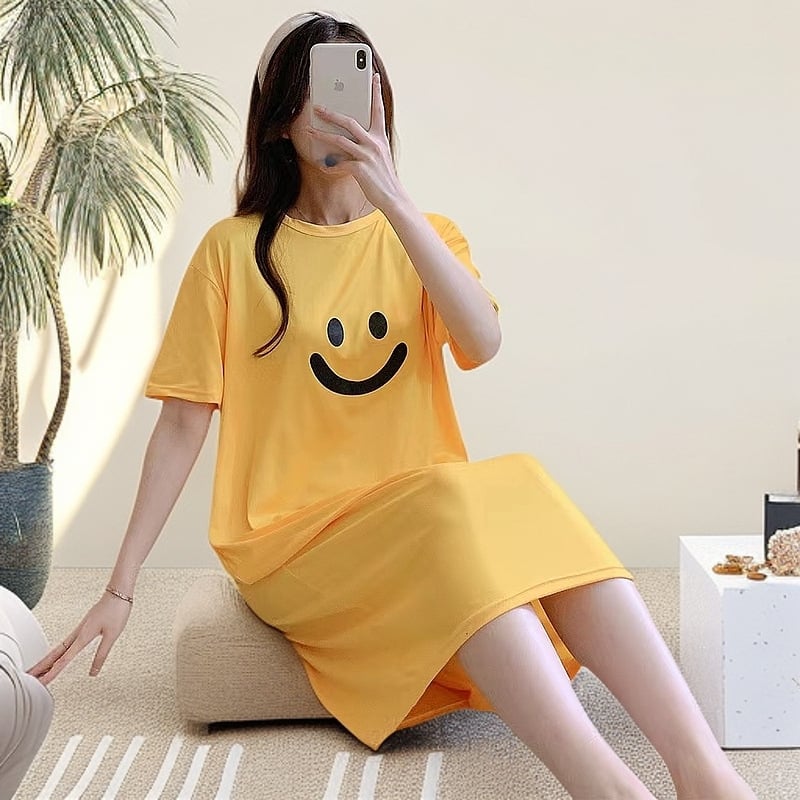 Дишаща късръкавна нощница за жени, кръгло деколте, свободен силует, средна дължина, подходяща за домашно облекло и носене навън