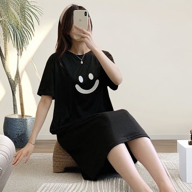 Дишаща късръкавна нощница за жени, кръгло деколте, свободен силует, средна дължина, подходяща за домашно облекло и носене навън