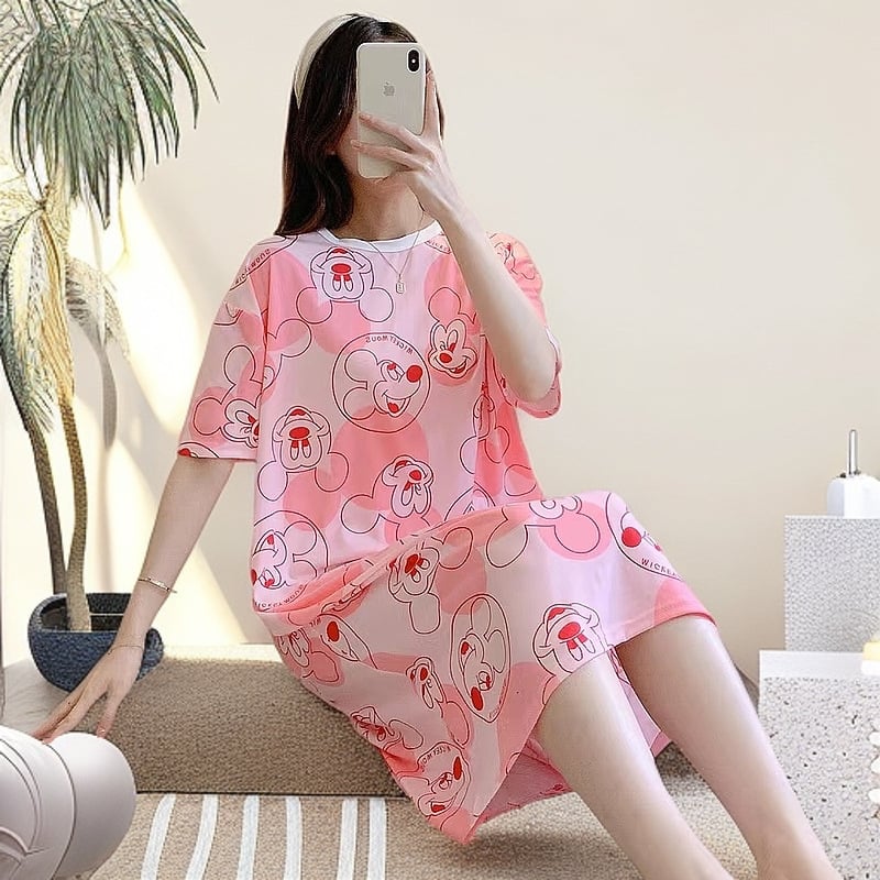 Дишаща късръкавна нощница за жени, кръгло деколте, свободен силует, средна дължина, подходяща за домашно облекло и носене навън