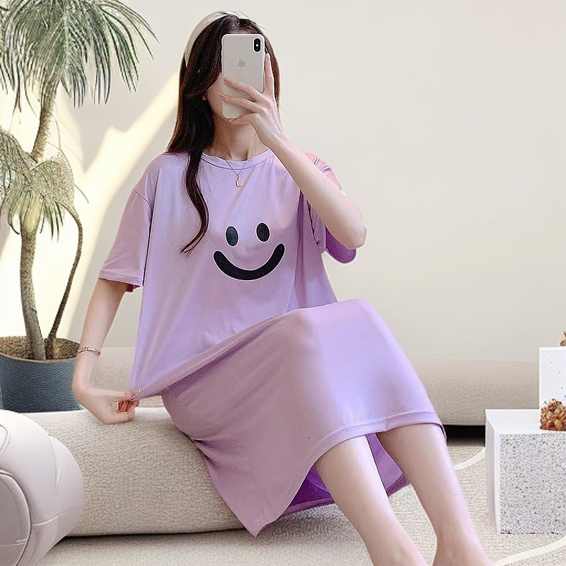 Дишаща късръкавна нощница за жени, кръгло деколте, свободен силует, средна дължина, подходяща за домашно облекло и носене навън