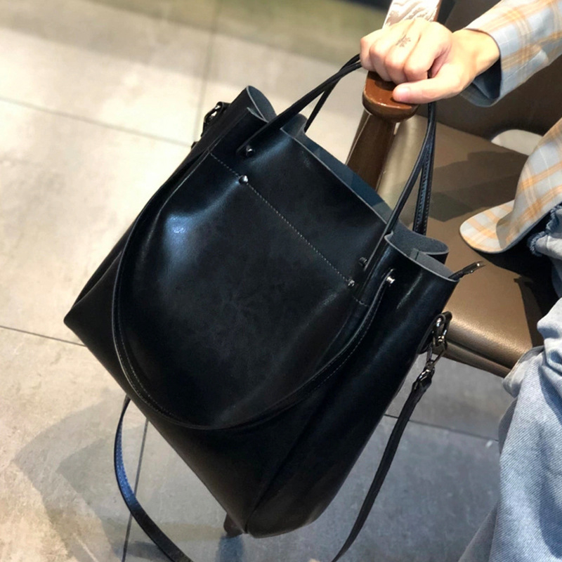 Ženska kožna torbica bucket stil, vertikalni kvadratni oblik, zatvarač, velika kapaciteta