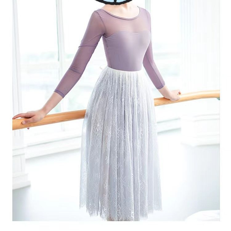Costum de dans pentru femei, plasă din nailon-spandex, 88% elastan, mâneci medii, îmbrăcăminte de dans