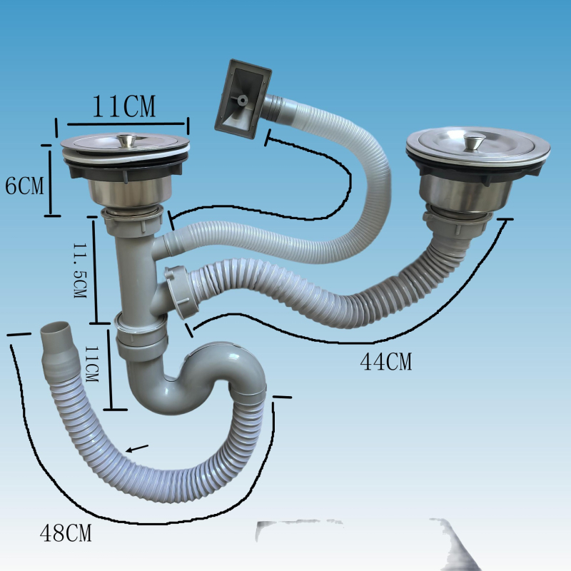 Težak odvod za kuhinju od nehrđajućeg čelika s dvostrukim spremnikom, protiv mirisa, model Double Tank Drain; težina 0.7 kg; specifikacija 110; stil moderni jednostavan.