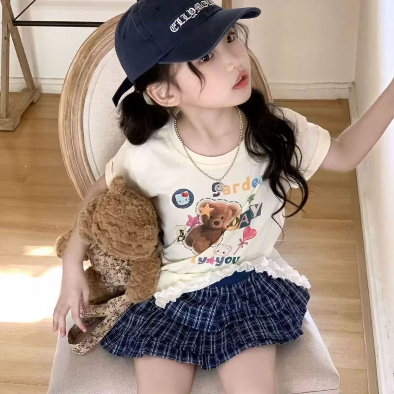Dječji ljetni dvodijelni set: top kratkih rukava i karirana suknja, korejski stil, za djecu od 3 do 8 godina.