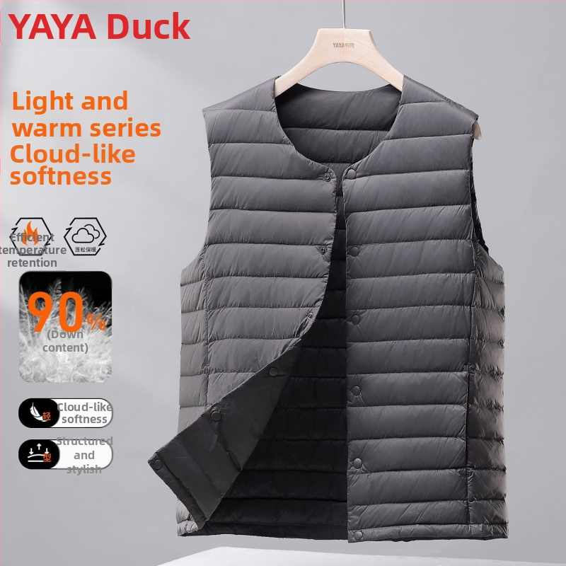 Pánska ľahká vesta s perím, s kapucňou, Corduroy tkanina, výplň bielym husím perím, jar 2025