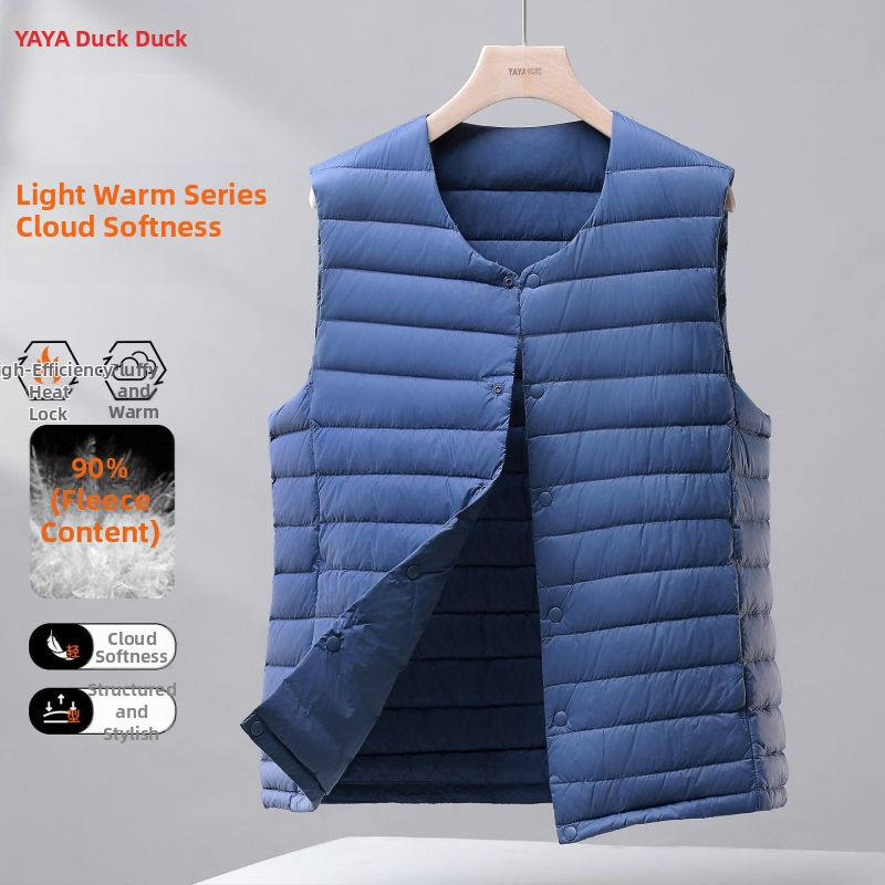 Pánska ľahká vesta s perím, s kapucňou, Corduroy tkanina, výplň bielym husím perím, jar 2025