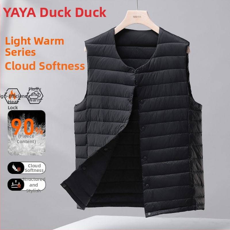 Pánska ľahká vesta s perím, s kapucňou, Corduroy tkanina, výplň bielym husím perím, jar 2025