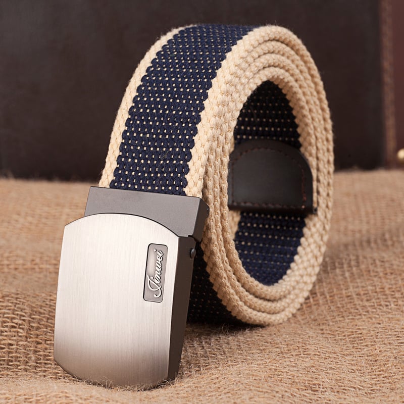 Curea de pânză pentru bărbați, cu cataramă automată, țesută, stil casual; Material: pânză; Cataramă: aliaj; Mecanism închidere: snap