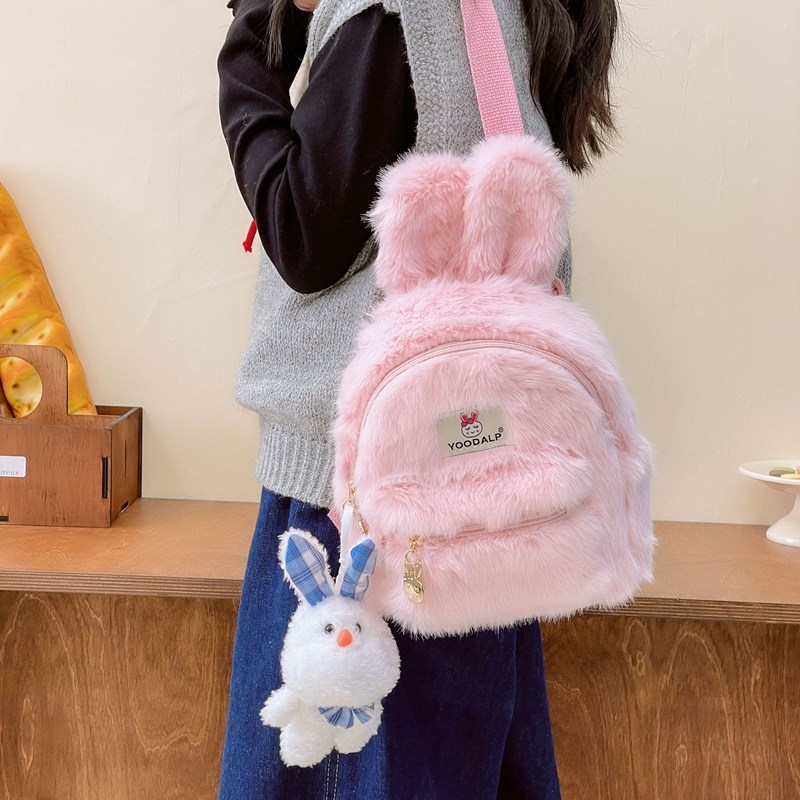 Batoh s plyšovým zajačikom pre dievčatá, do škôlky, model 1951, vodeodolný a odolný, materiál jahňacia vlna, vzor zvierat