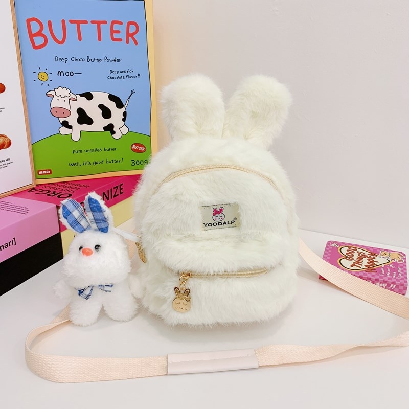 Batoh s plyšovým zajačikom pre dievčatá, do škôlky, model 1951, vodeodolný a odolný, materiál jahňacia vlna, vzor zvierat