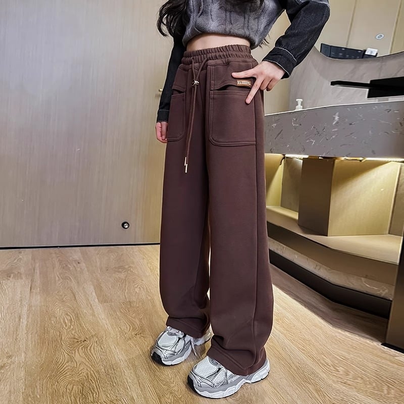 Dječje proljetne opuštene hlače – slobodnog, ravnog kroja s širokim nogavicama, 100% poliester, srednji pojas, elastični pojas, za djevojčice 8+ godina (visina iznad 140 cm)