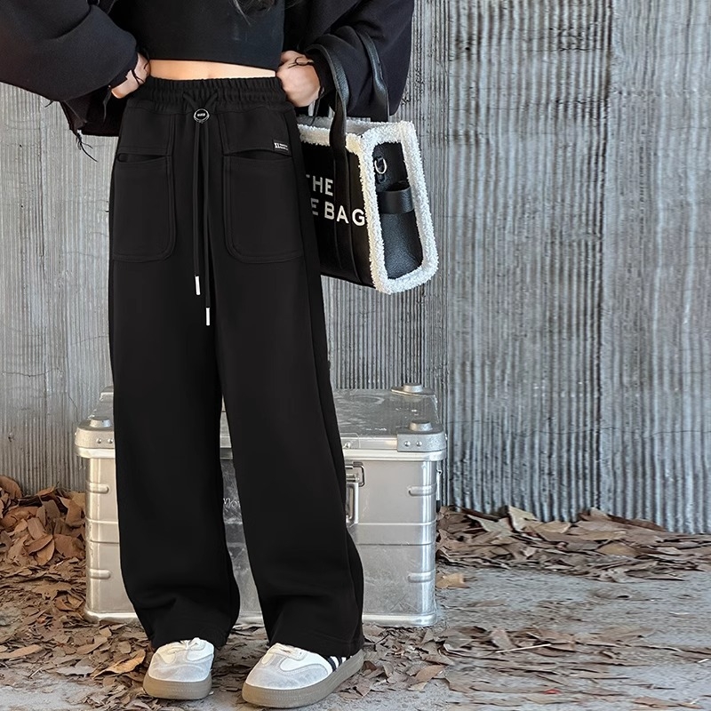 Dječje proljetne opuštene hlače – slobodnog, ravnog kroja s širokim nogavicama, 100% poliester, srednji pojas, elastični pojas, za djevojčice 8+ godina (visina iznad 140 cm)