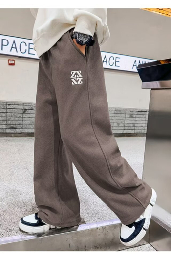 Fiúknak szóló széles lábú nadrág fleece-béléses pamutból, mindennapi sportos nadrág ősz-tél 2025