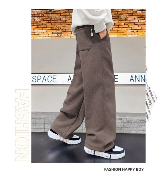 Fiúknak szóló széles lábú nadrág fleece-béléses pamutból, mindennapi sportos nadrág ősz-tél 2025