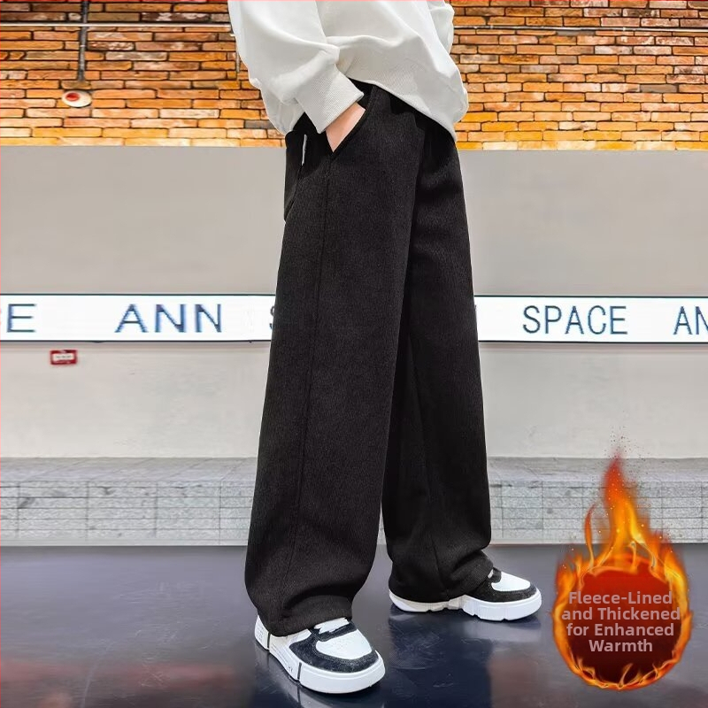 Fiúknak szóló széles lábú nadrág fleece-béléses pamutból, mindennapi sportos nadrág ősz-tél 2025