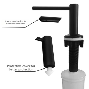 Dispenser de săpun pentru chiuvetă cu cap din oțel inoxidabil 304 și rezervor din plastic; Material: oțel inoxidabil 304 + plastic; Funcție: apăsare manuală; Stil: simplitate modernă; Finisaj: acoperire cu spray