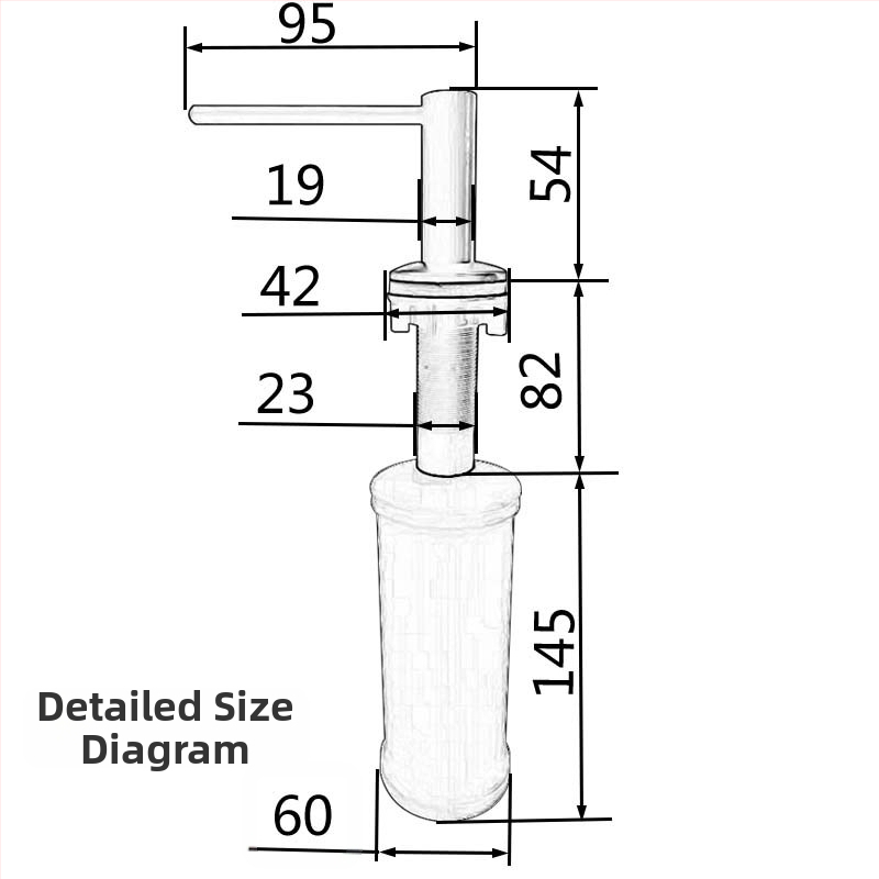 Dispenser de săpun pentru chiuvetă cu cap din oțel inoxidabil 304 și rezervor din plastic; Material: oțel inoxidabil 304 + plastic; Funcție: apăsare manuală; Stil: simplitate modernă; Finisaj: acoperire cu spray