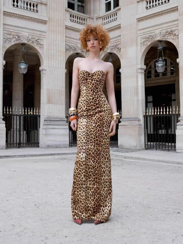 Satenska haljina s leopard printom, V izrez, bez rukava, duga haljina
