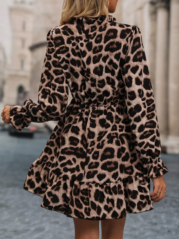 Haljina A-linije s leopard printom, puff rukave, V izrez, šifonski materijal, digitalni tisak, elastičan pojas, srednja duljina