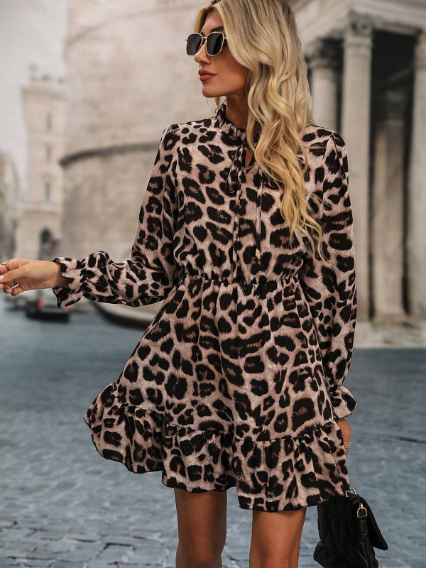 Haljina A-linije s leopard printom, puff rukave, V izrez, šifonski materijal, digitalni tisak, elastičan pojas, srednja duljina
