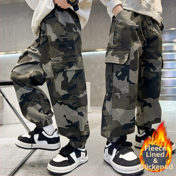 Gyerekeknek készült cargo nadrág, bolyhosított poliészter, 65% poliészester, középmagas derekú elasztikus derékszíj, 3–8 éveseknek