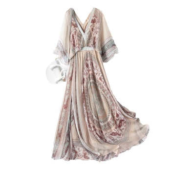 Mulberry selyemből készült ruha V-nyakú, mintás, rövid Raglán ujjak, középső derék, hosszú laza szabású