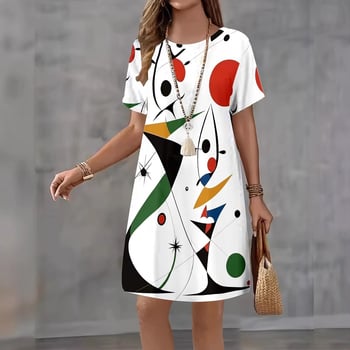 Рокля с къс ръкав, полиестер, 3D дигитален принт, A-line, средна дължина, кръгло деколте