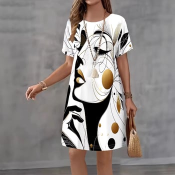 Рокля с къс ръкав, полиестер, 3D дигитален принт, A-line, средна дължина, кръгло деколте