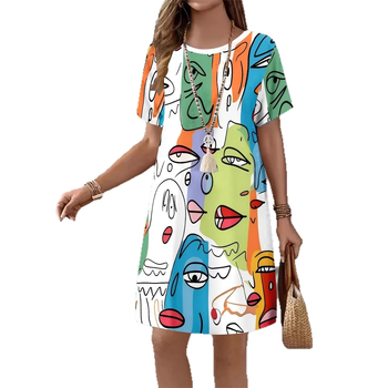 Рокля с къс ръкав, полиестер, 3D дигитален принт, A-line, средна дължина, кръгло деколте