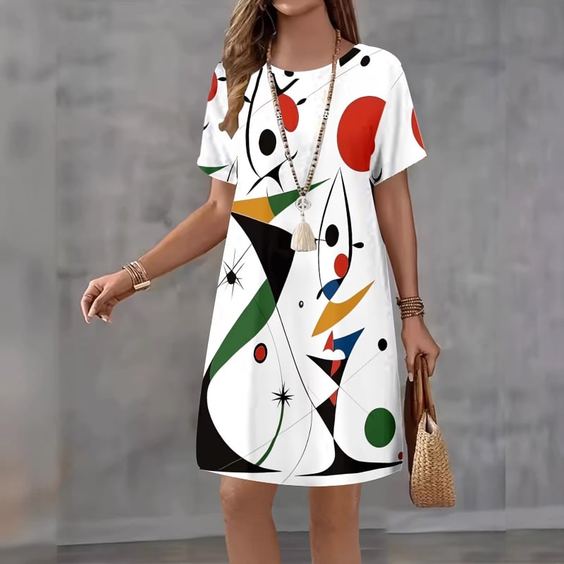 Рокля с къс ръкав, полиестер, 3D дигитален принт, A-line, средна дължина, кръгло деколте