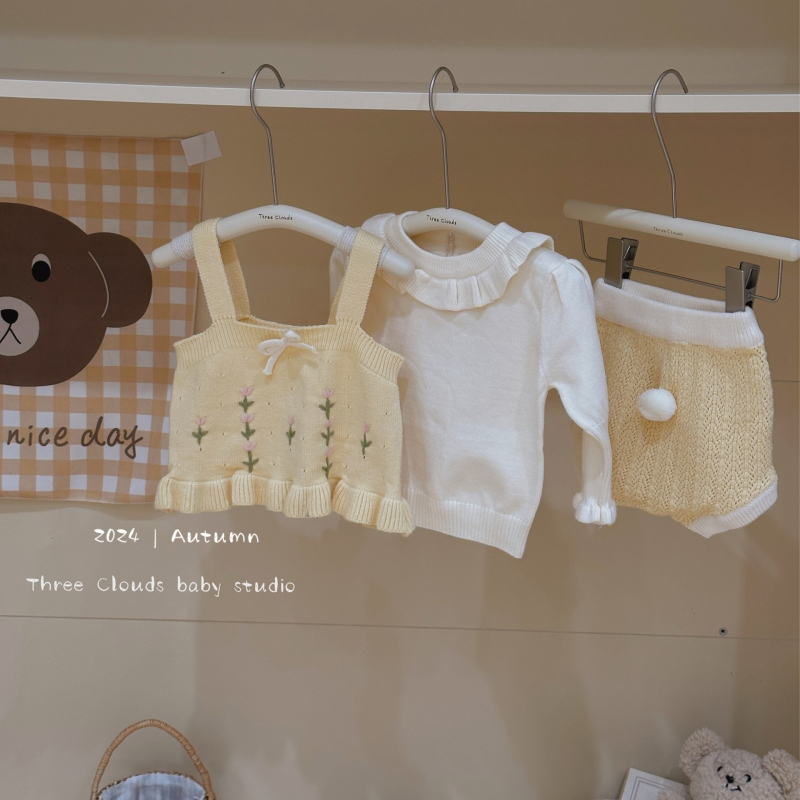 Trojedijelni dječji set za djevojčice, jesen, korejski stil: džemper, pleteni prsluk i šortke