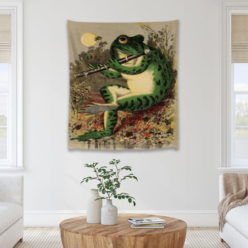 Μποέμ γοβλέν με βάτραχο-καλλιτέχνη που παίζει φλάουτο, πολυεστερική ίνα, ψηφιακή μεταφορά θερμότητας, εξατομικευόμενο, διακόσμηση τοίχου για σαλόνι/υπνοδωμάτιο/γραφείο