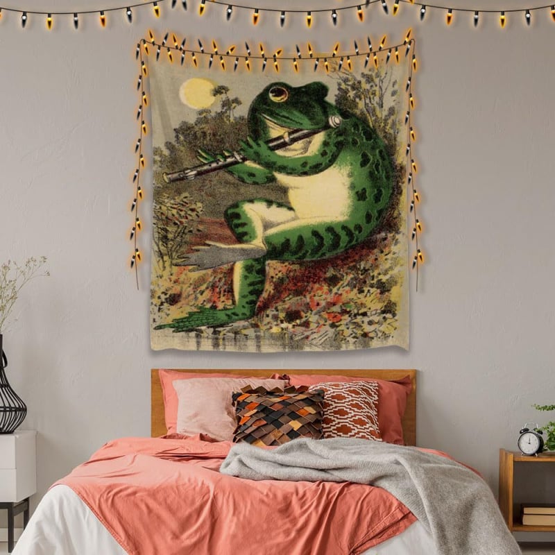 Μποέμ γοβλέν με βάτραχο-καλλιτέχνη που παίζει φλάουτο, πολυεστερική ίνα, ψηφιακή μεταφορά θερμότητας, εξατομικευόμενο, διακόσμηση τοίχου για σαλόνι/υπνοδωμάτιο/γραφείο
