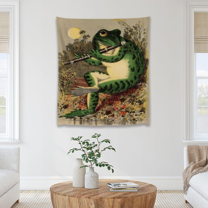 Μποέμ γοβλέν με βάτραχο-καλλιτέχνη που παίζει φλάουτο, πολυεστερική ίνα, ψηφιακή μεταφορά θερμότητας, εξατομικευόμενο, διακόσμηση τοίχου για σαλόνι/υπνοδωμάτιο/γραφείο