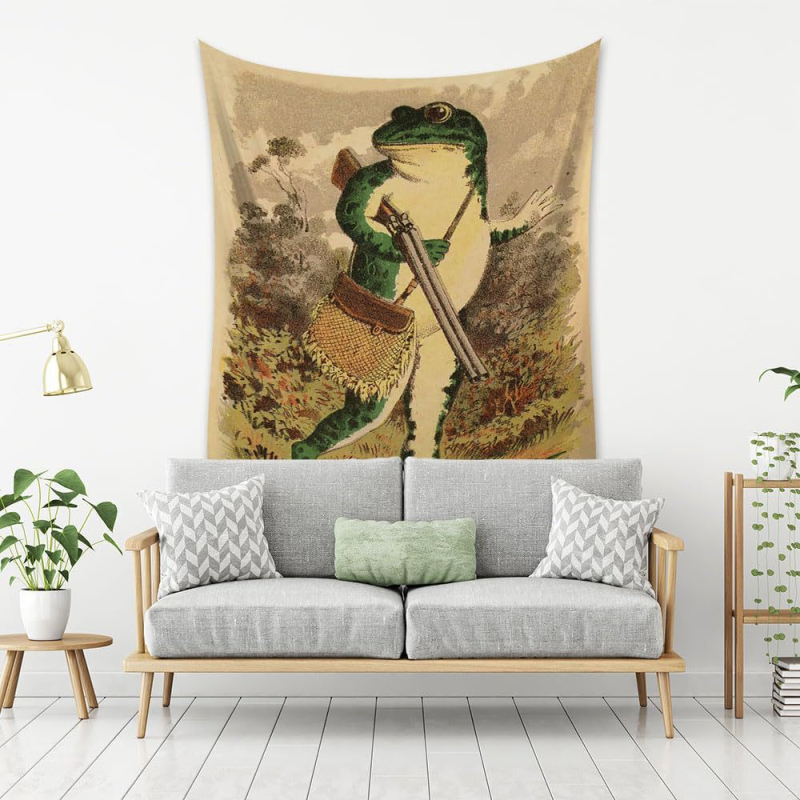 Μποέμ γοβλέν με βάτραχο-καλλιτέχνη που παίζει φλάουτο, πολυεστερική ίνα, ψηφιακή μεταφορά θερμότητας, εξατομικευόμενο, διακόσμηση τοίχου για σαλόνι/υπνοδωμάτιο/γραφείο