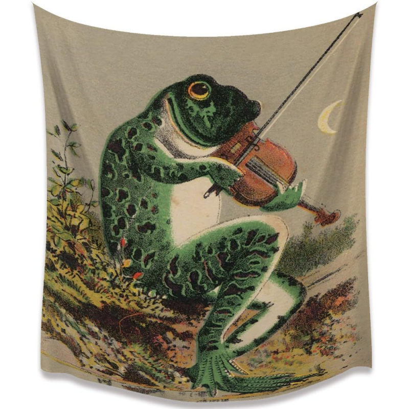 Μποέμ γοβλέν με βάτραχο-καλλιτέχνη που παίζει φλάουτο, πολυεστερική ίνα, ψηφιακή μεταφορά θερμότητας, εξατομικευόμενο, διακόσμηση τοίχου για σαλόνι/υπνοδωμάτιο/γραφείο