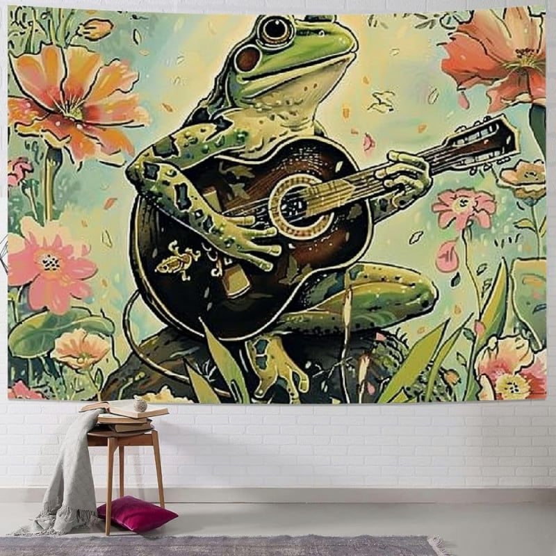 Μποέμ γοβλέν με βάτραχο-καλλιτέχνη που παίζει φλάουτο, πολυεστερική ίνα, ψηφιακή μεταφορά θερμότητας, εξατομικευόμενο, διακόσμηση τοίχου για σαλόνι/υπνοδωμάτιο/γραφείο