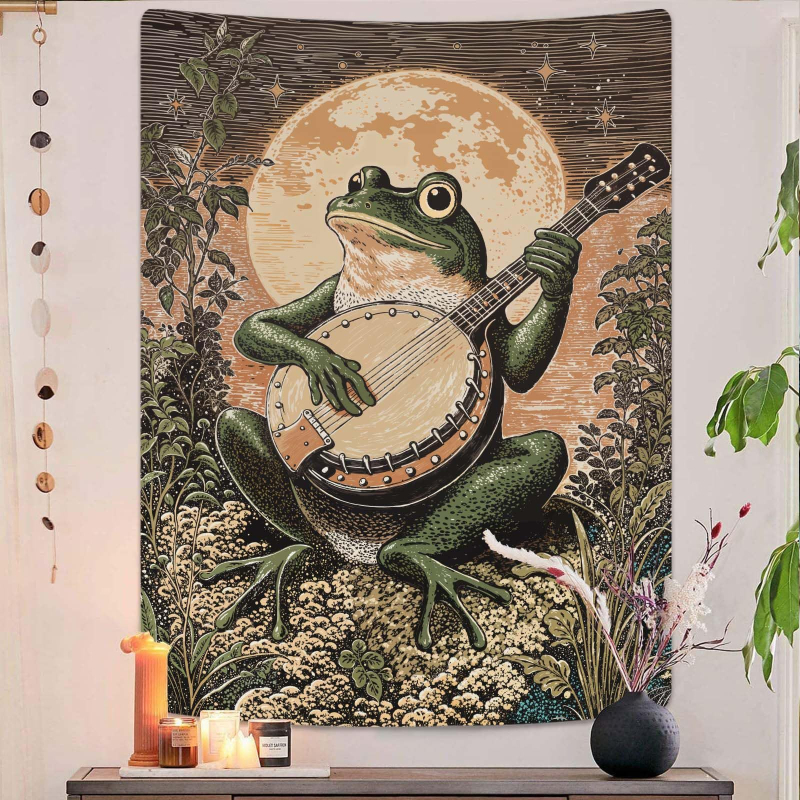Μποέμ γοβλέν με βάτραχο-καλλιτέχνη που παίζει φλάουτο, πολυεστερική ίνα, ψηφιακή μεταφορά θερμότητας, εξατομικευόμενο, διακόσμηση τοίχου για σαλόνι/υπνοδωμάτιο/γραφείο