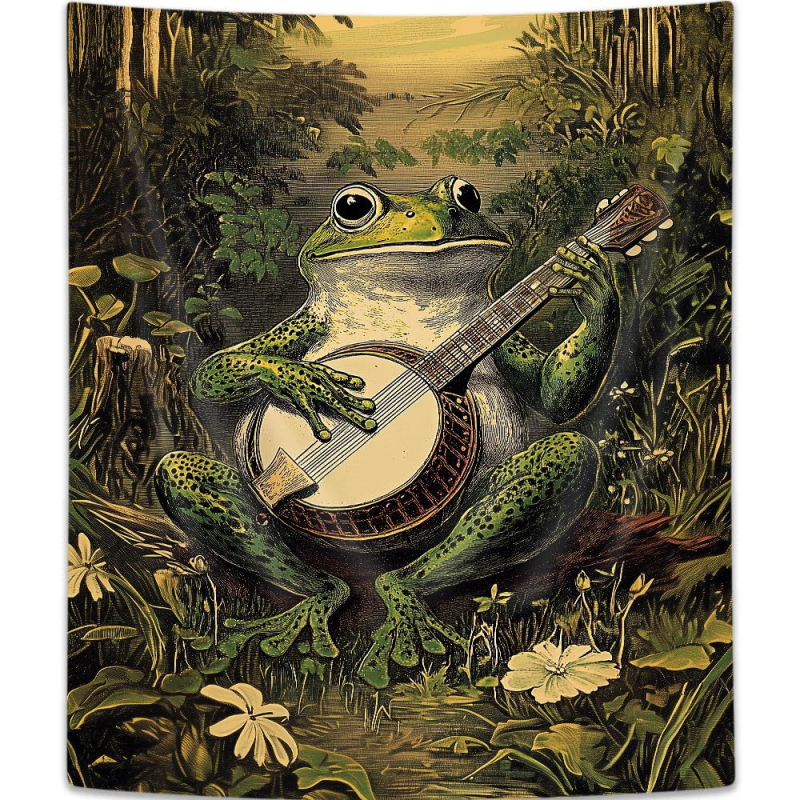 Μποέμ γοβλέν με βάτραχο-καλλιτέχνη που παίζει φλάουτο, πολυεστερική ίνα, ψηφιακή μεταφορά θερμότητας, εξατομικευόμενο, διακόσμηση τοίχου για σαλόνι/υπνοδωμάτιο/γραφείο