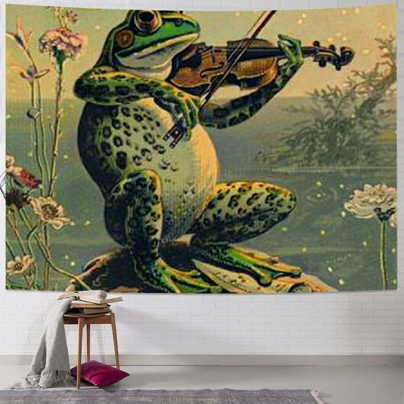 Μποέμ γοβλέν με βάτραχο-καλλιτέχνη που παίζει φλάουτο, πολυεστερική ίνα, ψηφιακή μεταφορά θερμότητας, εξατομικευόμενο, διακόσμηση τοίχου για σαλόνι/υπνοδωμάτιο/γραφείο